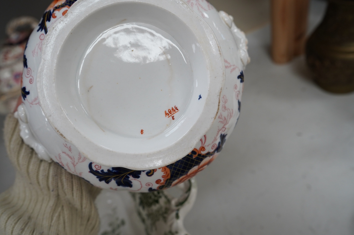 A Mason's ironstone tureen and cover, early 20th century, a Victorian Peking comport and a floral bowl and cover, largest 33cm (3). Condition - good